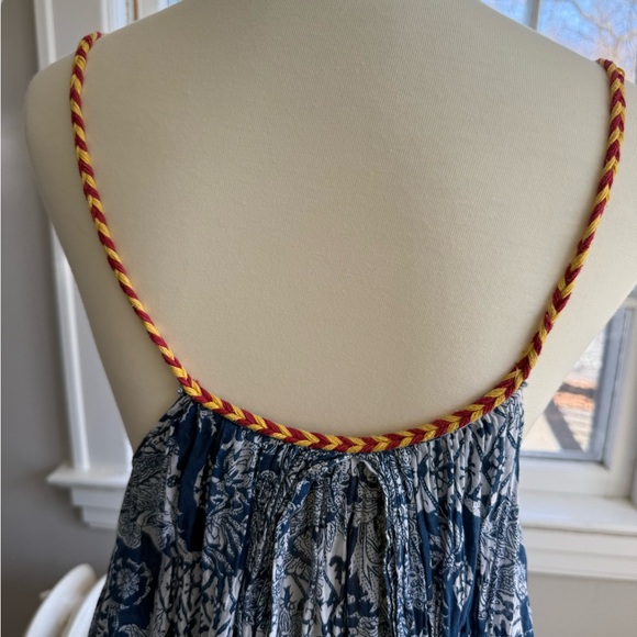 Free People Bohemian Blue Block Print Floral Tie-Shoulder Maxi Sun Dress S - Picture 3 of 12